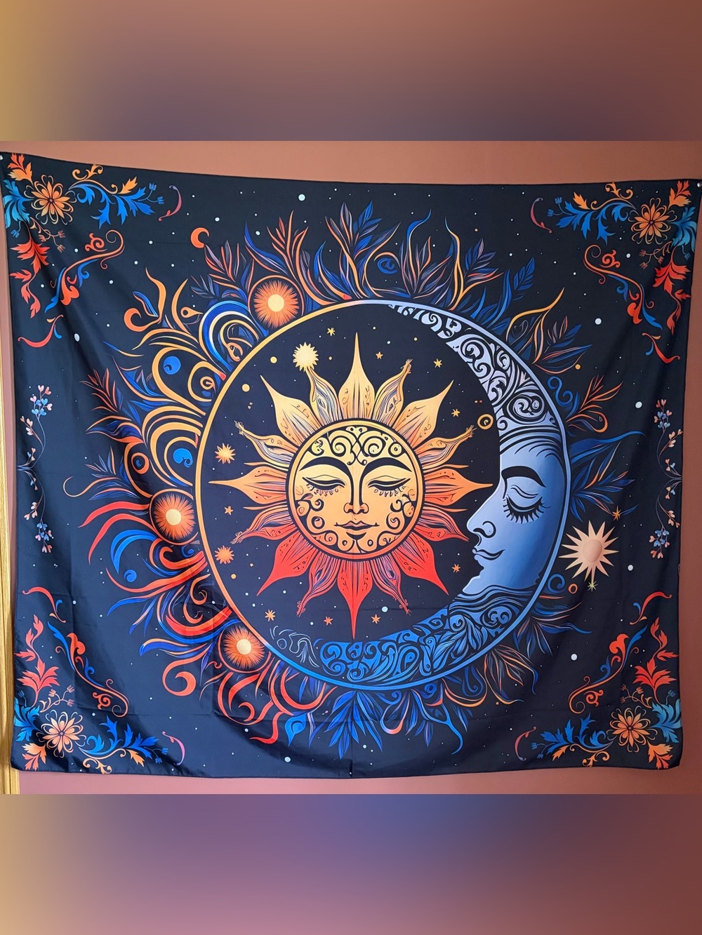 Hippie Sun and Moon Tapestry Wall Art in Blue and Orange